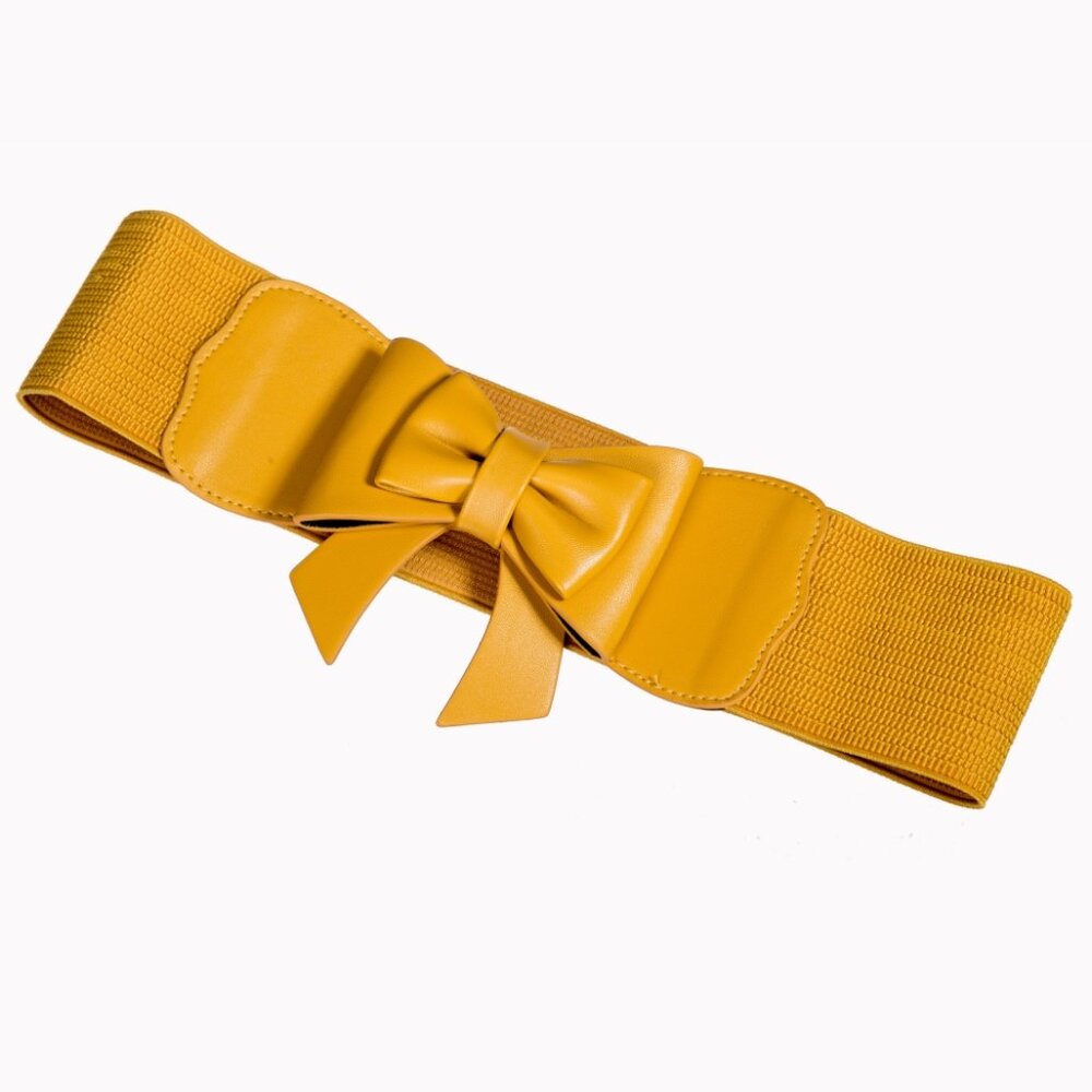 New Small Retro Modcloth Elastic Bow Belt Mustard Yellow 25-29" Waist - Picture 2 of 4